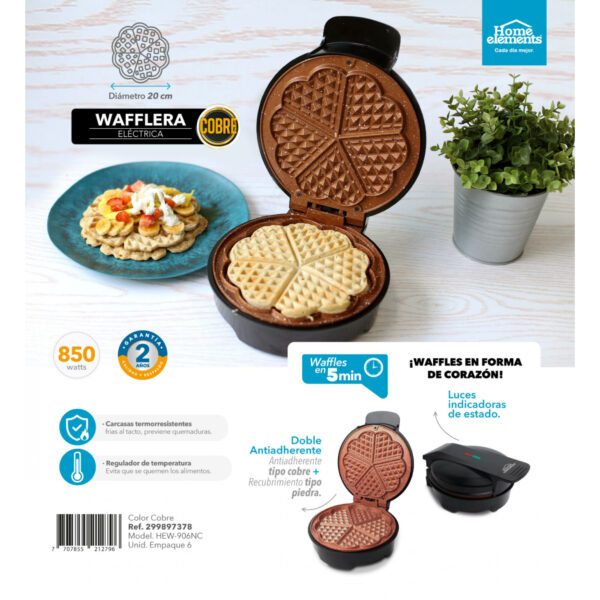 Waflera eléctrica antiadherente Home Elements - línea cobre - Imagen 2